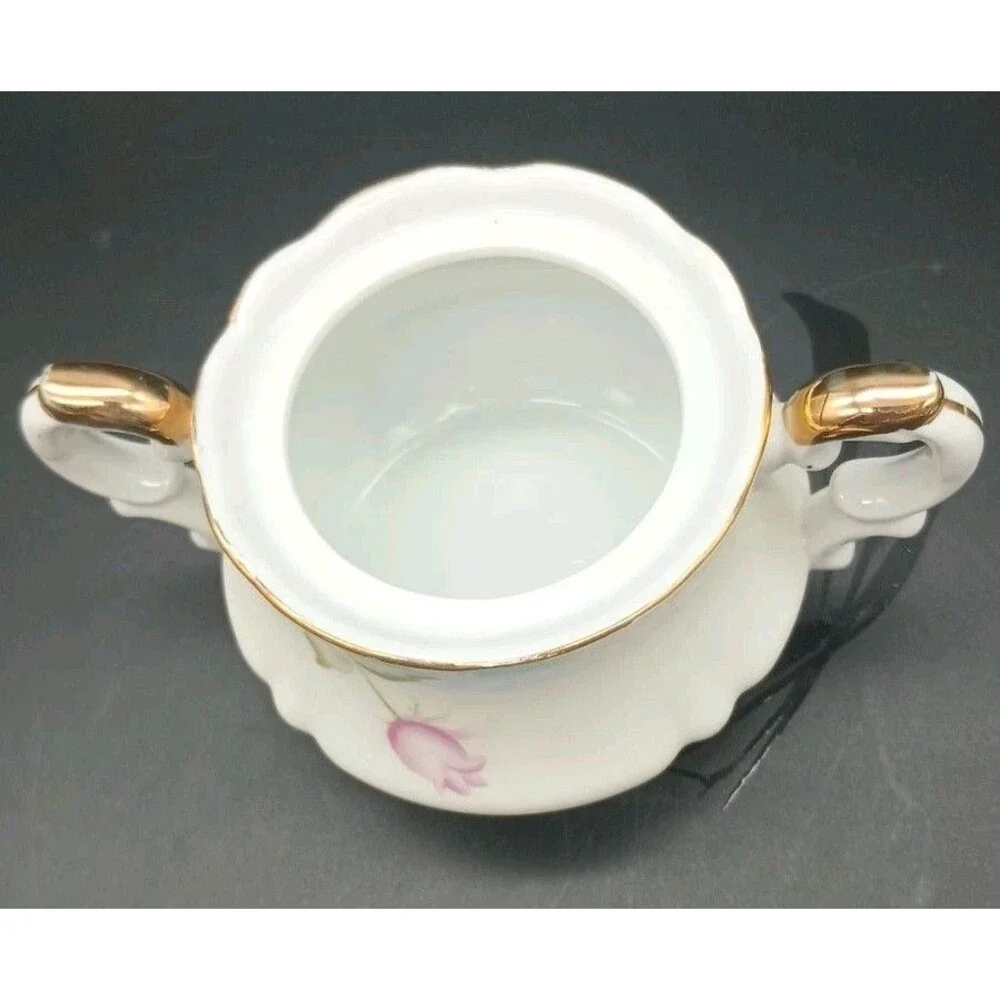 Vintage Lefton China Hand Painted Magnolia 2520 Sugar Bowl Gold Trim